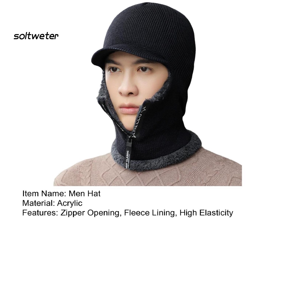 Mũ Giữ Nhiệt Dệt Kim Lót Lông Cừu Màu Trơn Bảo Vệ Cổ 2 Trong 1 Có Khóa Kéo Cho Nam