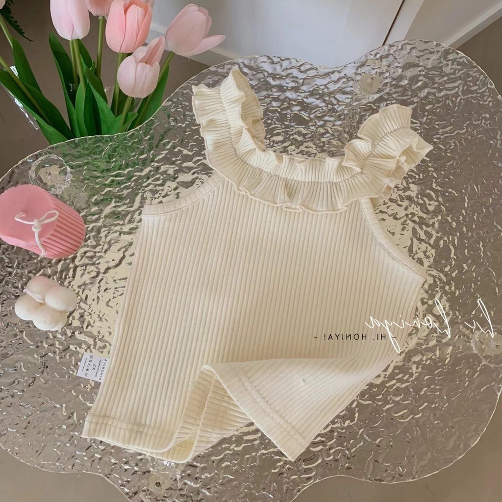 Áo Hai Dây Mùa Hè Nhỏ Màu Trơn Cổ Ren Cho Bé Gái