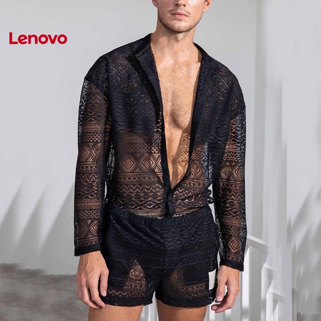 1 Bộ Áo Ren + Quần Short Màu Trơn Xuyên Thấu Thời Trang Mùa Thu Cho Nam