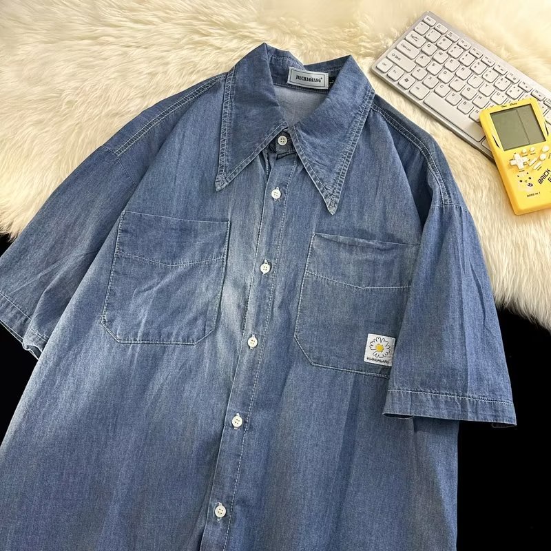 Áo Sơ Mi Denim Tay Ngắn Dáng Rộng Thời Trang Mùa Hè Cho Nam