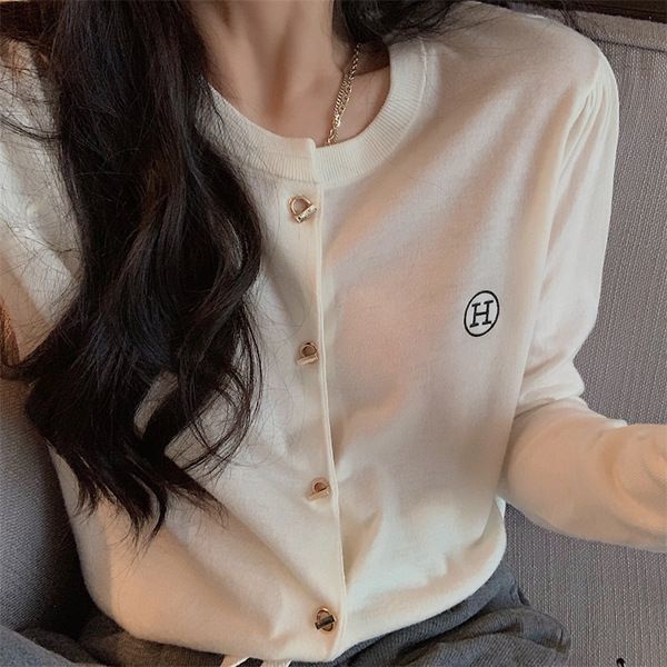 Áo Khoác Cardigan Dệt Kim Mỏng Tay Dài Màu Đen Thêu Chữ Thời Trang Cho Nữ