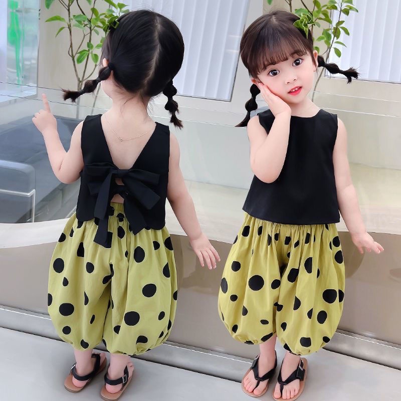 Hàng Mới Về Mới Set Áo Dây Chấm Bi + Áo Khoác Không Tay + Quần Short Thời Trang Mùa Hè Cho Bé Gái