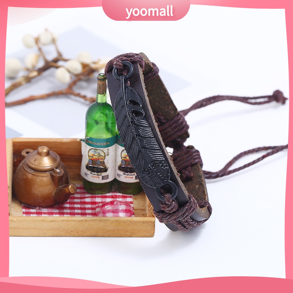 Vòng Tay Giả Da Dây Bện Phối Mặt Hình Lông Vũ Có Thể Điều Chỉnh Kích Cỡ Cho Nam