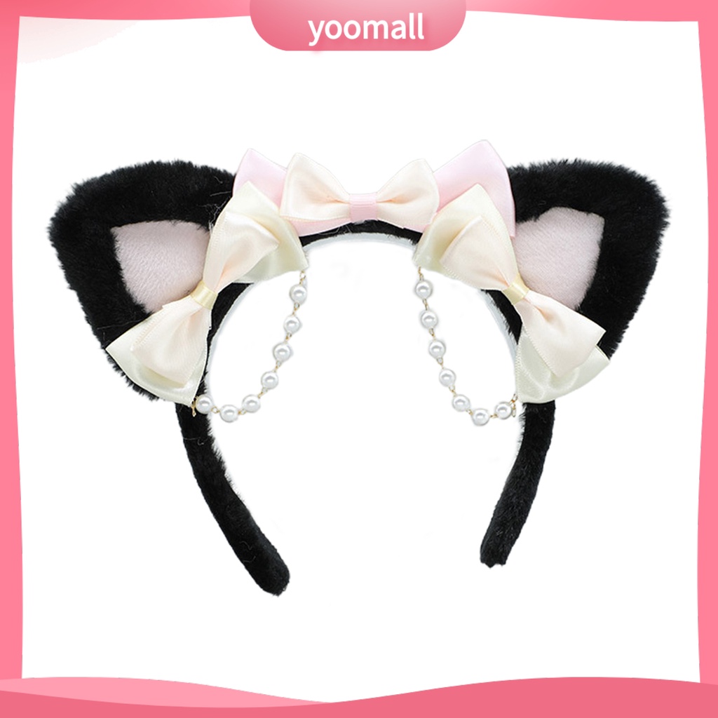 Băng Đô Tai Mèo Lông Nhung Đính Ngọc Trai Nhân Tạo Phong Cách Lolita Đáng Yêu Dành Cho Nữ