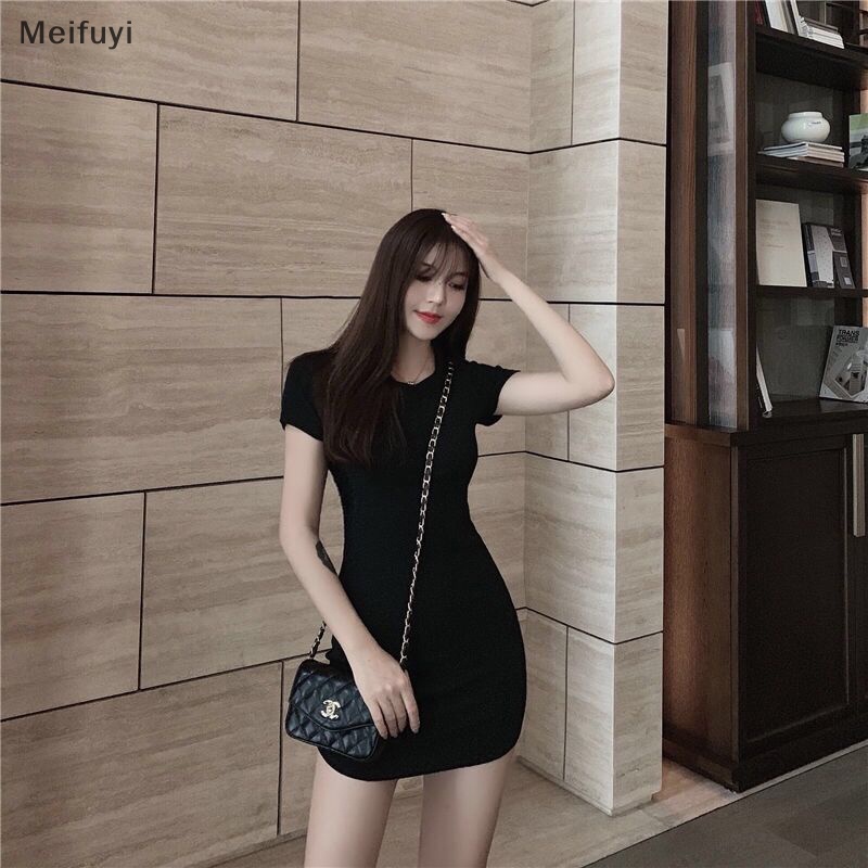 [Meifuyi] Women Basic Solid Color Dress Bodycon O-neck Casual Slim Summer Mini Dresses COD