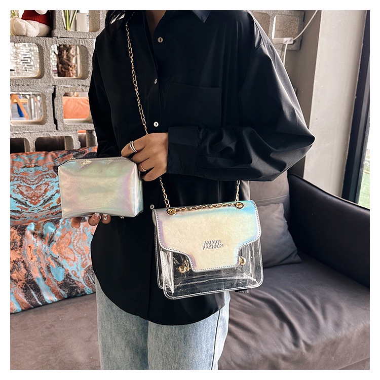 Túi Đeo Chéo Bằng PVC Trong Suốt Phối Dây Xích Phong Cách Hàn Quốc
