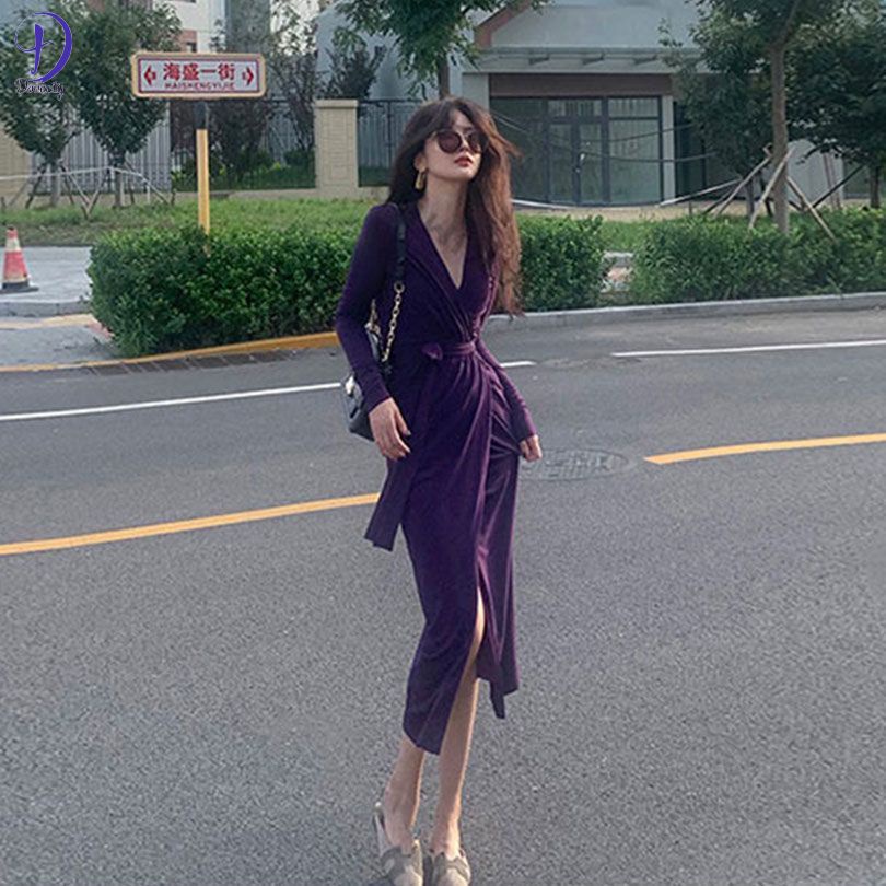 Đầm Tím Tay Dài Phối Cà Vạt Co Giãn Tốt Thiết Kế Trang Nhã Cho