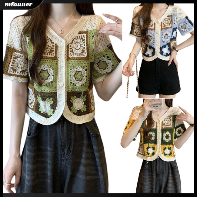 Áo Dệt Kim Tay Ngắn Màu Sắc Tương Phản Phong Cách Retro Dành Cho Nữ