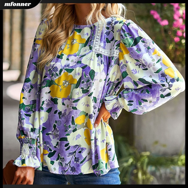 Áo Sơ Mi Tay Dài Dáng Rộng Cổ Tròn In Hoa Thiết Kế Thoáng Khí Thoải Mái Cho Nữ