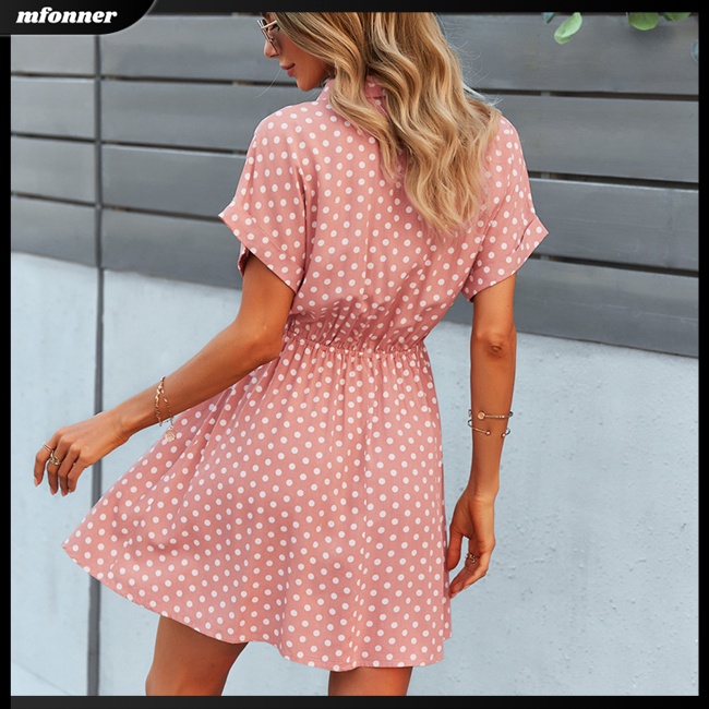 Đầm Tay Ngắn Cổ Bẻ In Họa Tiết Chấm Bi Thời Trang Mùa Hè Xinh Xắn Cho Nữ
