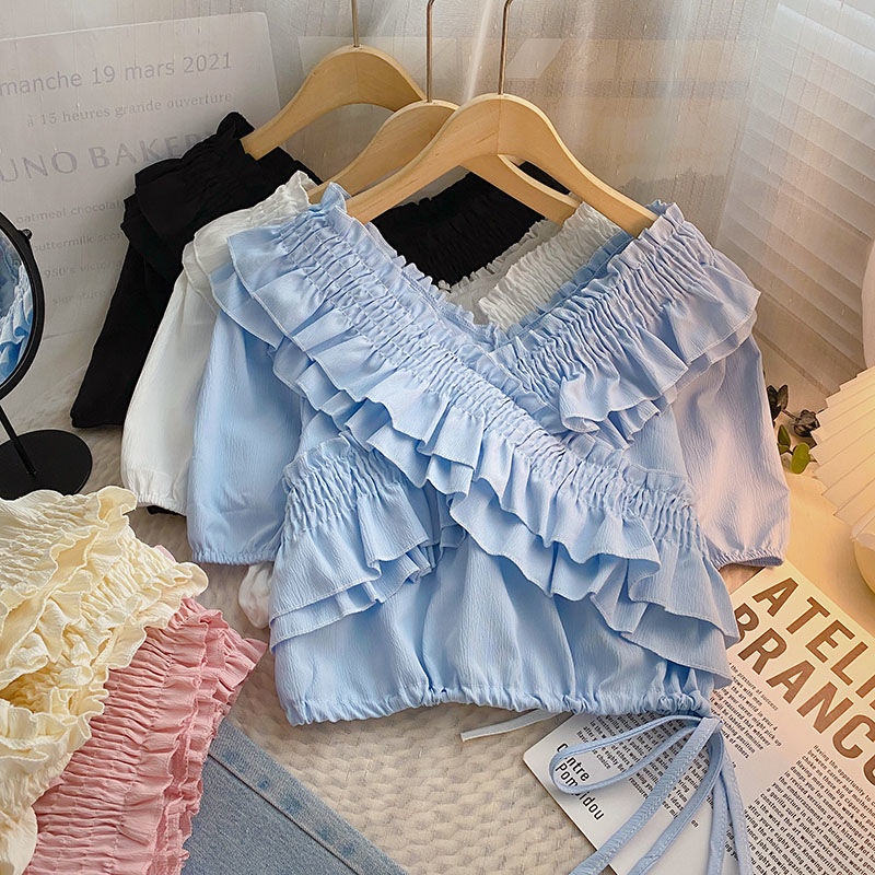 Áo Sơ Mi Ngắn Tay Cổ Chữ V Phối Bèo Thiết Kế Mới Thời Trang Mùa Hè Theo Phong Cách Hàn Quốc Cho Nữ