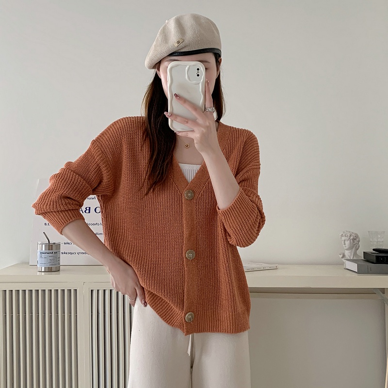 Áo Khoác cardigan Lửng Cổ V Dáng Rộng Phong Cách vintage Hàn Quốc Mới