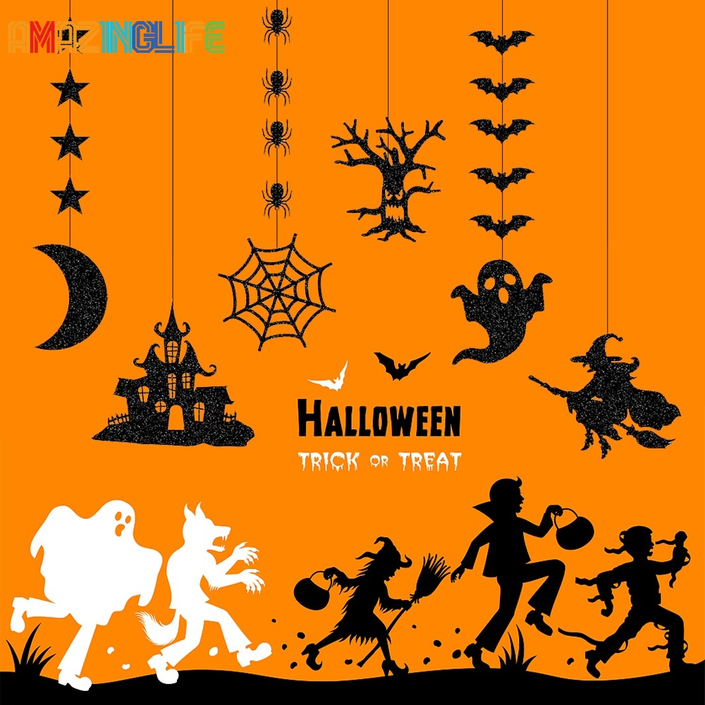 Set 6 Mặt Dây Chuyền Phù Thủy Bằng Giấy Màu Đen Trang Trí Tiệc Halloween Kinh Dị