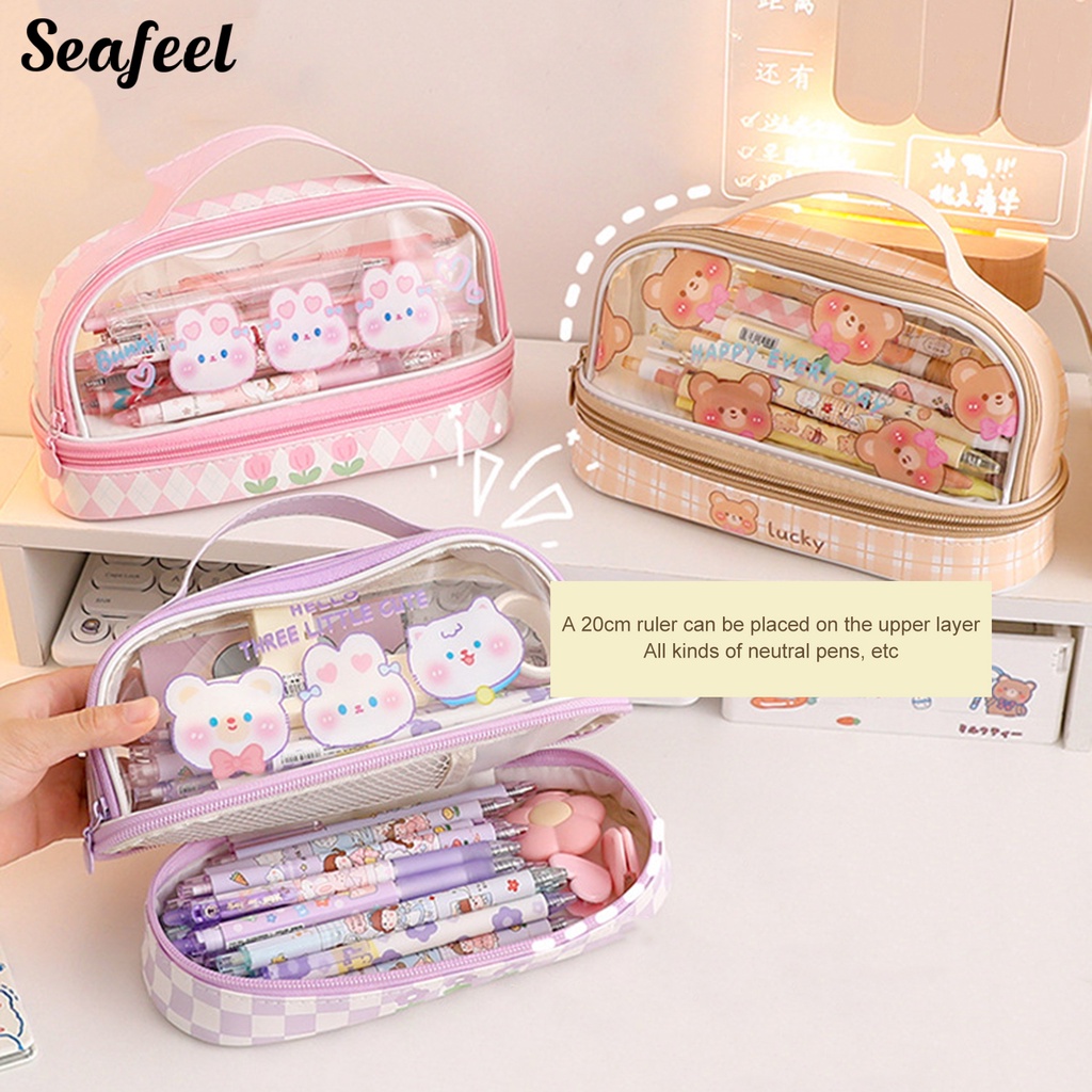 Túi Đựng Bút Chì Hai Lớp Trong Suốt Chống Bụi Sức Chứa Lớn In Họa Tiết Gấu Thỏ Hoạt Hình