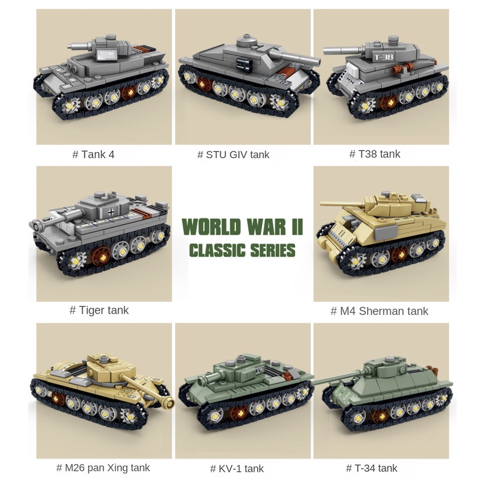 Set 1475 Mô Hình Xe Tăng MOC WW2 8 Trong 1 Karl Cannon T34 T38 Stug Tiger M4 Sherman M26 KV1 Mới