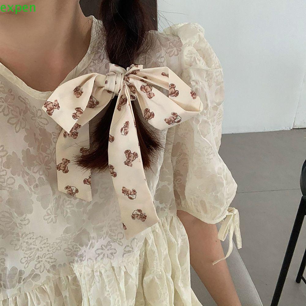 EXPEN Dây Cột Tóc Vải In Họa Tiết Gấu Phong Cách Retro Ngọt Ngào Cho Nữ