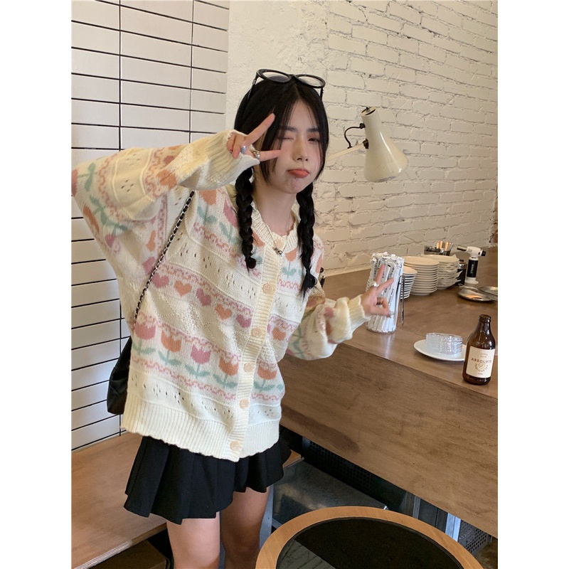 Áo Cardigan Dệt Kim Dáng Rộng Họa Tiết Hoa Tulip Thời Trang Xuân Hè Phong Cách Nhật Bản Cho Nữ
