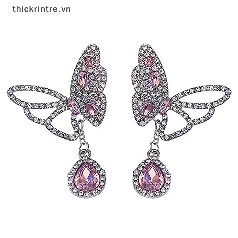 1 Đôi Bông Tai Hình Bướm Đính Đá Zircon Hồng Lấp Lánh Thời Trang Dành Cho Nữ