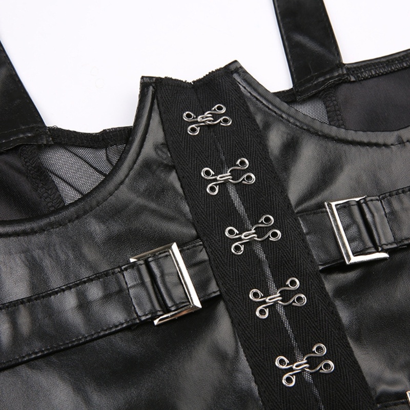 Áo Croptop Da PU Màu Đen Cổ Khoét Sâu Gợi Cảm Cho Nữ