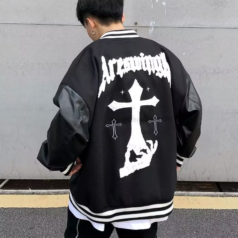 Áo Khoác Bomber Chất Liệu Da Thêu Họa Tiết Phong Cách Retro Mỹ