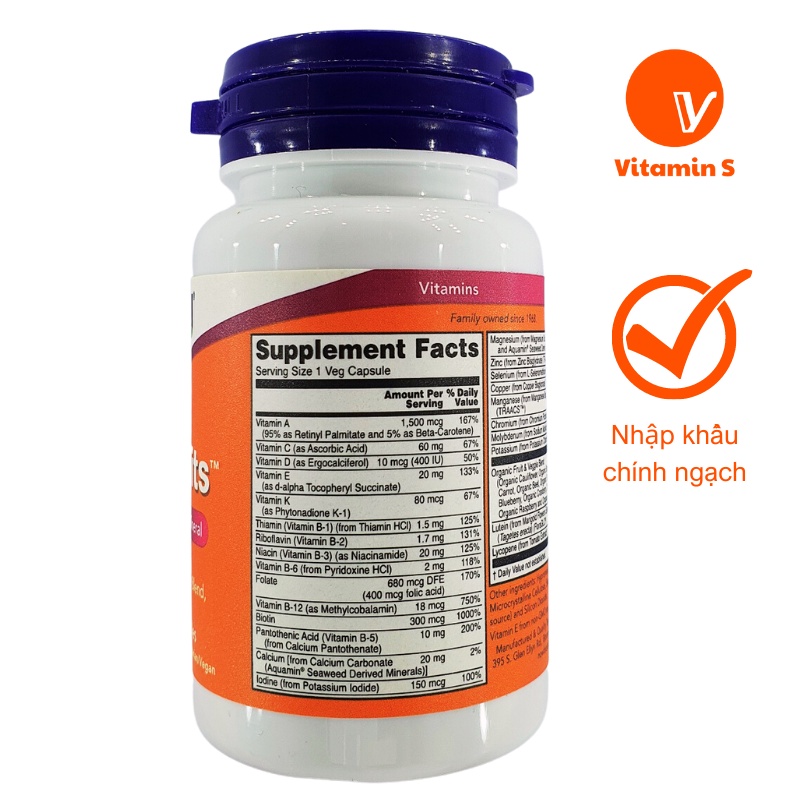Vitamin tổng hợp Daily Vits NOW Foods bổ sung vitamin, axit amin và khoáng chất cho cơ thể lọ 30 Viên - Vitamin S