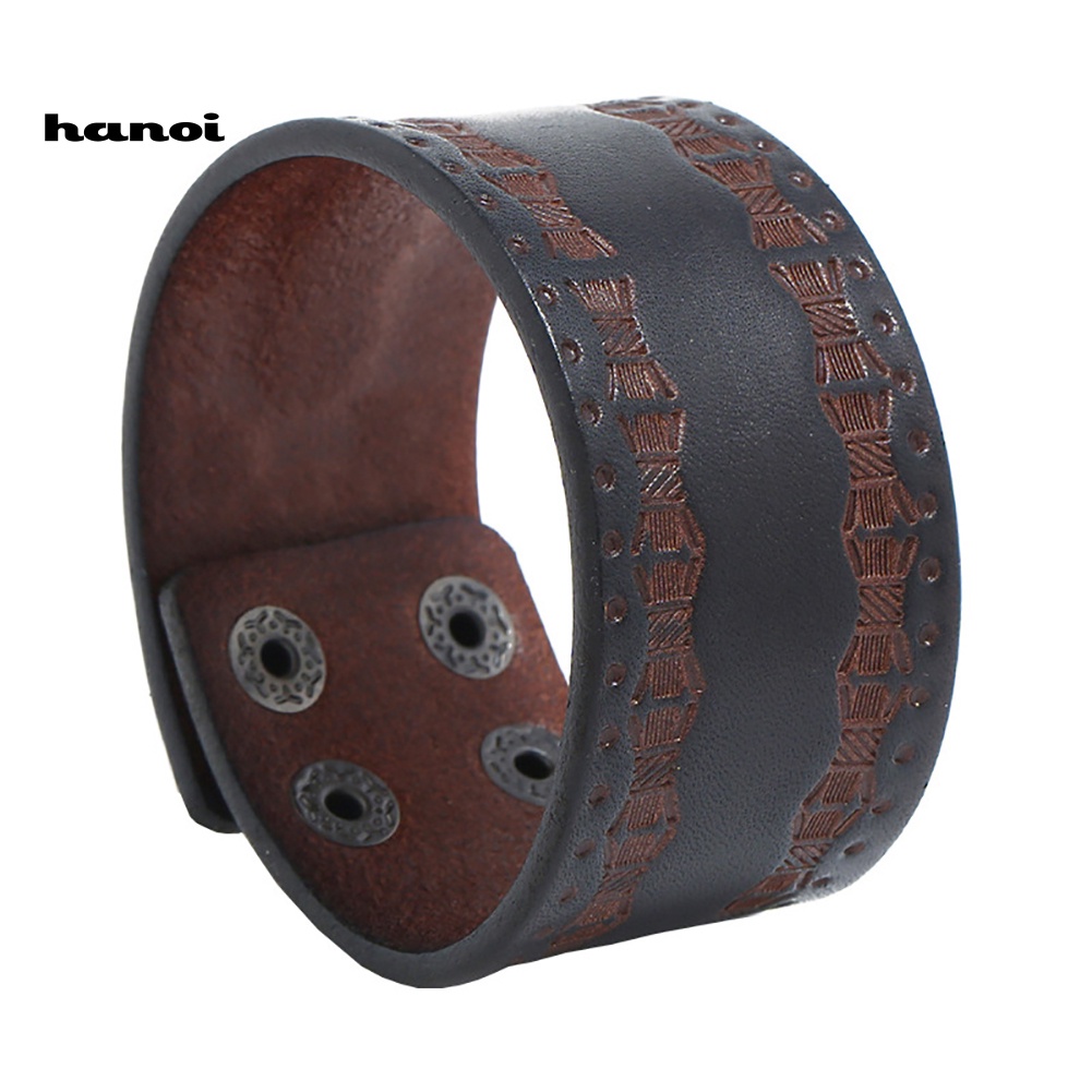 Vòng Tay Giả Da Bản Rộng Đính Nút Dập Nổi Vintage Cho Nam