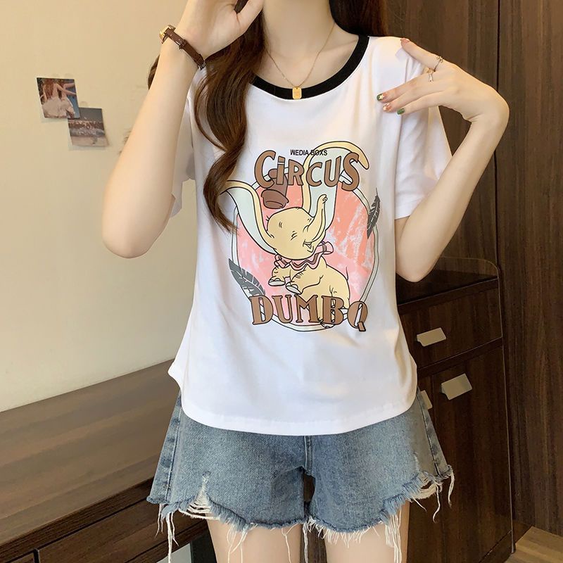 Áo Thun Tay Ngắn Dáng Rộng In Họa Tiết Màu Sắc Tương Phản Thời Trang Cho Nữ Có 4 Màu