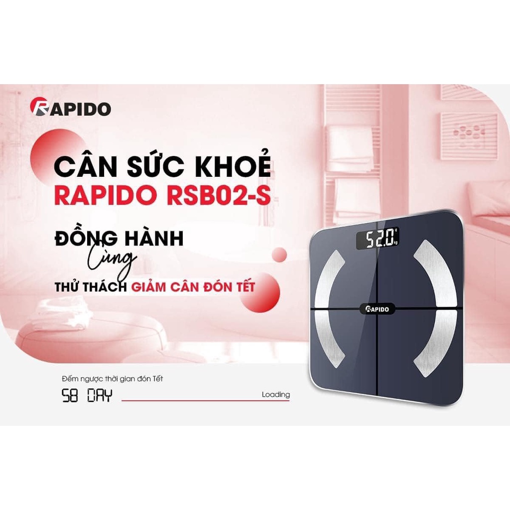 Cân điện tử sức khỏe KAW - RAPIDO RSB02-S, kết nối bluetooth phân tích chỉ số cơ thể đo tỷ mỡ, béo phì