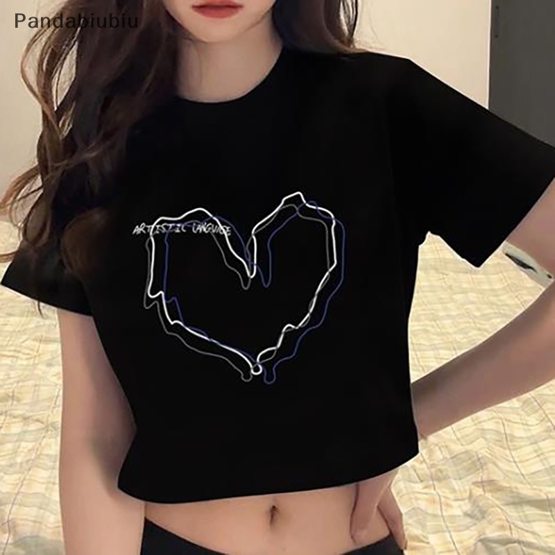 Áo đôi thun phông croptop baby tee trái tim đen T-shirt Nữ