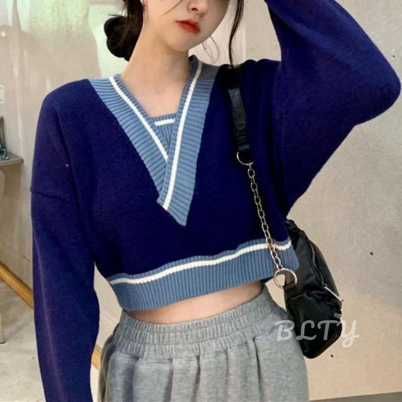 Áo Sweater Dệt Kim Cổ Chữ V Dáng Ngắn Phối Màu Sắc Tương Phản Thời Trang Cho Nữ
