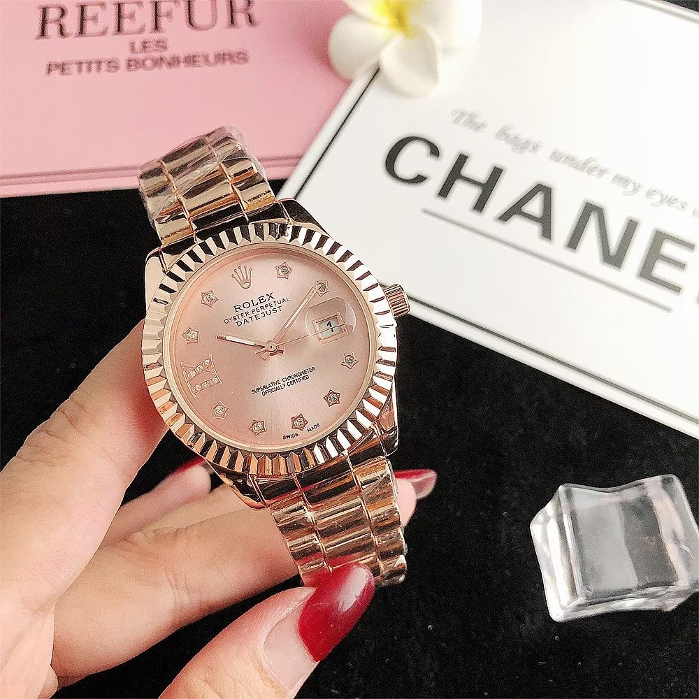 Đồng Hồ Rolex Mặt Tròn Đính Kim Cương Dây Da Thép Không Gỉ Thời Trang Cho Cặp Đôi