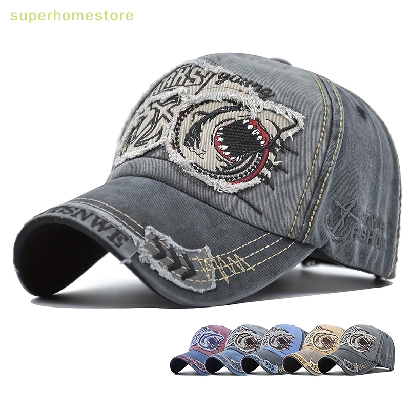 Mũ Lưỡi Trai Cotton Thêu Hình Cá Mập 5 Màu Sắc Tùy Chọn Phong Cách Vintage