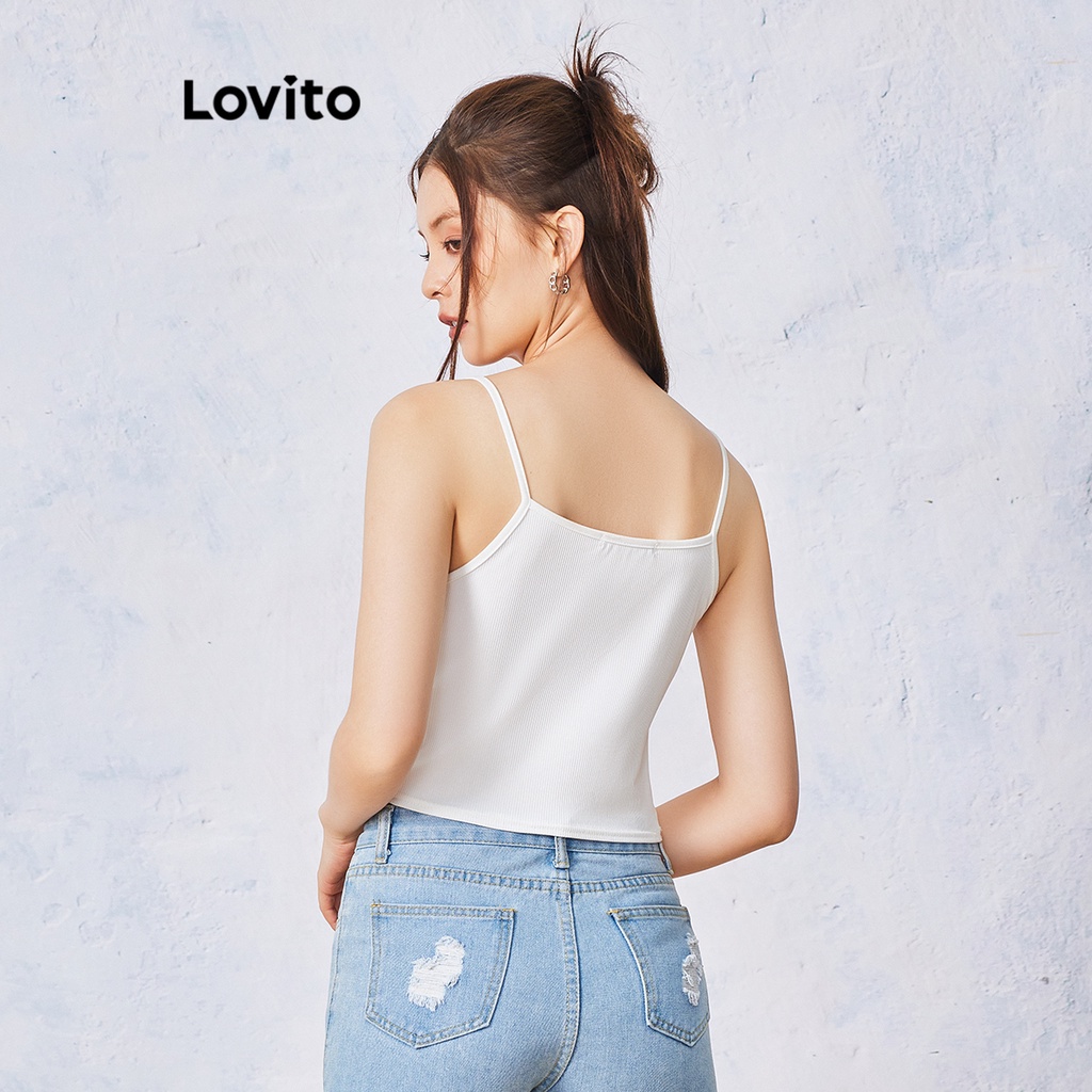 Áo hai dây Lovito len gân không tay dáng ôm viền trơn tương phản L00008