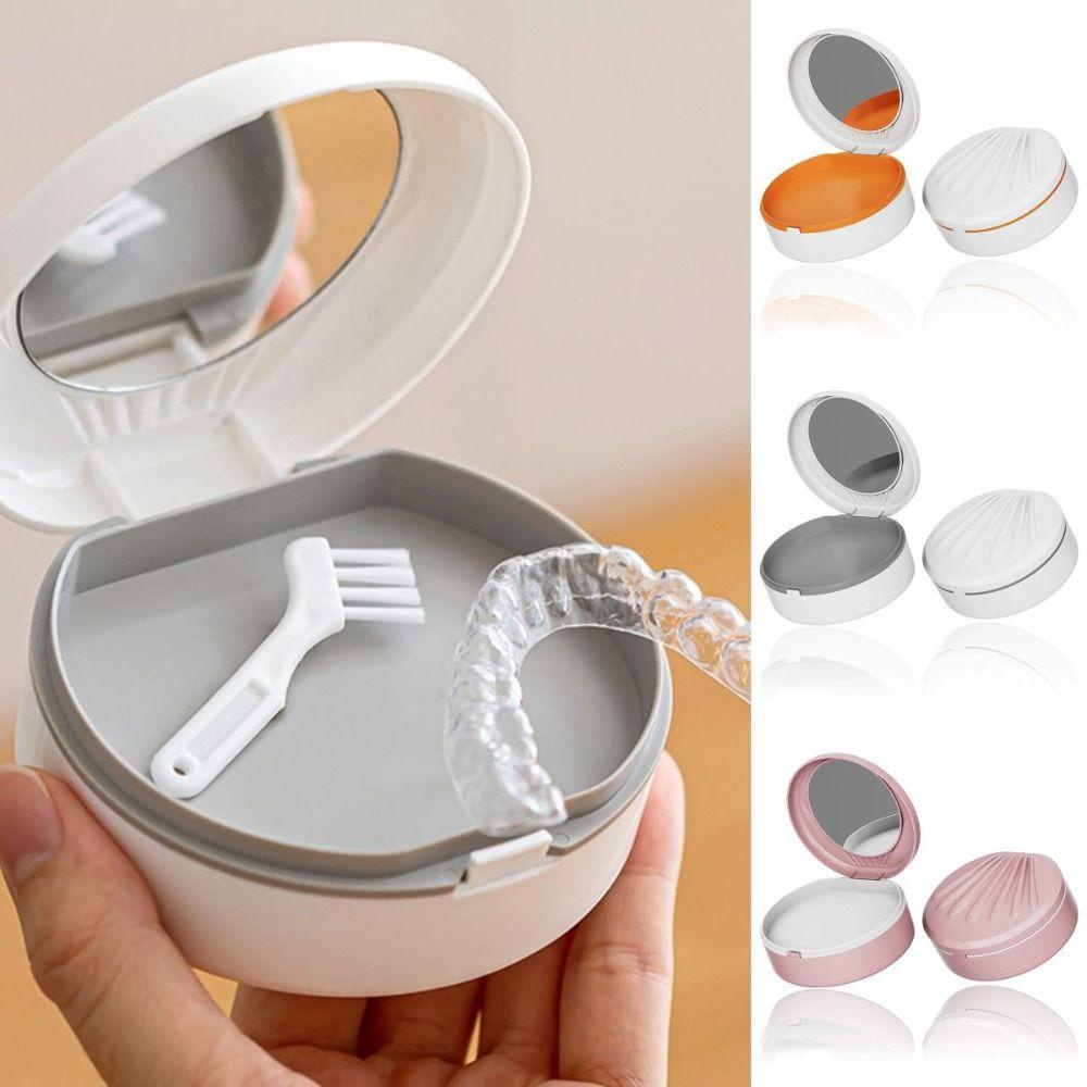 Hộp Giữ Răng Giả Hai Lớp Hình Vỏ Sò Có Gương Đơn Giản Cho Nam Nữ