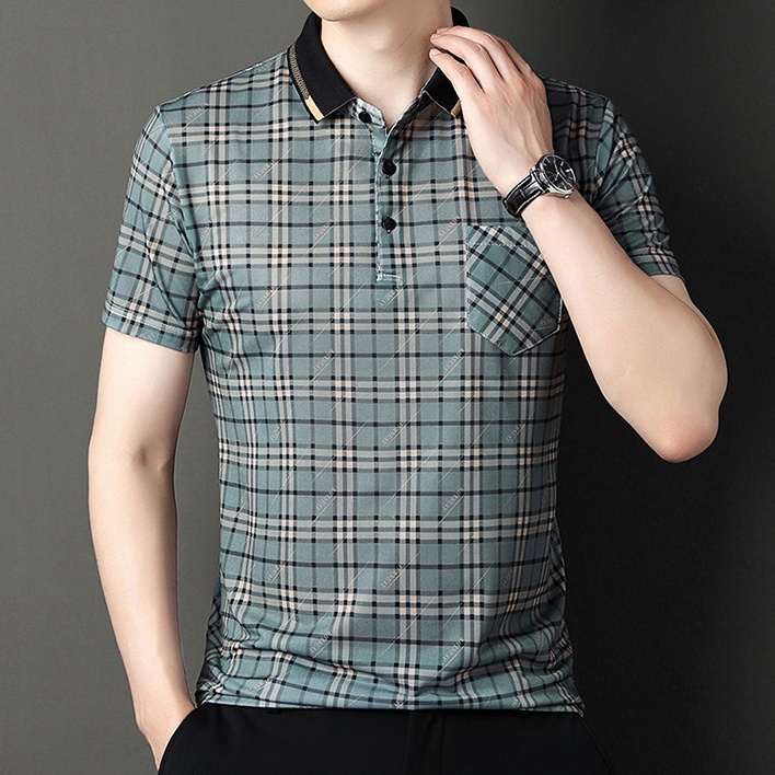 Áo Thun POLO Tay Ngắn Vải Lụa Mỏng Cỡ Lớn In Họa Tiết Kẻ Sọc Thời Trang Cho Nam Trung Niên