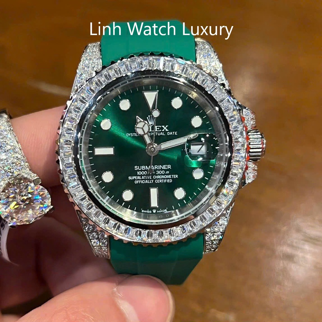 Đồng Hồ Nam R0lex Submariner viền đá CZ, Dây cao su, Máy cơ automatic, Hỗ trợ cót tay