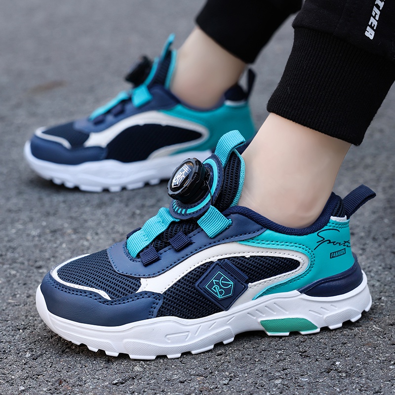 New boys sneakers mesh thoáng khí trẻ em ngoài trời giày thể thao thời trang nút xoay trẻ em giày đi bộ nhẹ