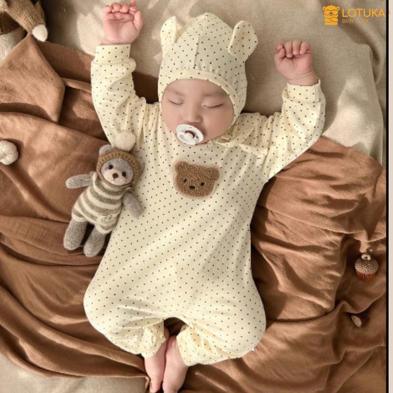 Bodysuit Dài Tay LOTUKA Cho Bé Trai Bé Gái, Body Thu Đông Đính Gấu Chất Liệu Mềm Mịn Cho Bé, Quần Áo Trẻ Em Size 3-12kg