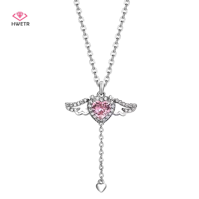 Vòng cổ HWETR mặt hình đôi cánh thiên thần đính pha lê trái tim tối giản mới cho nữ