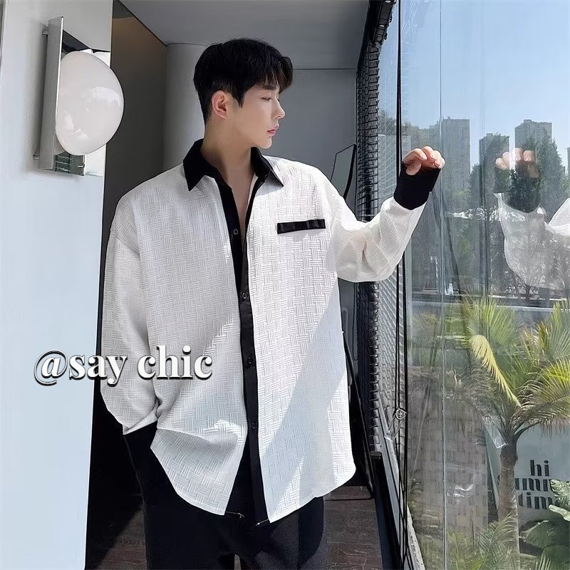 Áo Sơ Mi Dài Tay Phối Màu Tương Phản Thời Trang Cho Nam