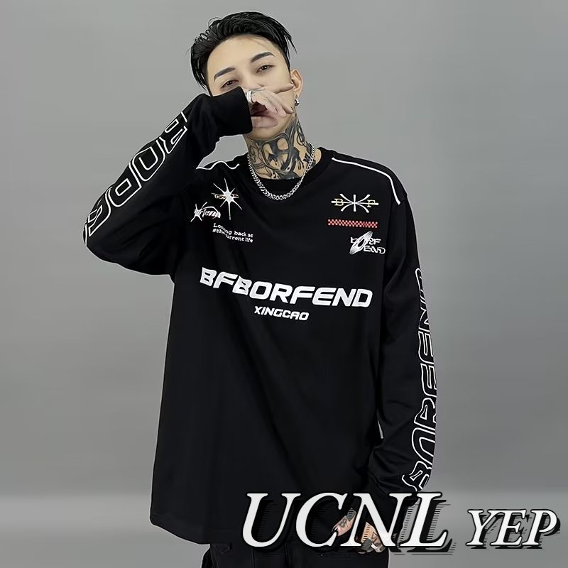 Ucnl men's long-sleeved t-shirt mùa thu mỹ high street tide thương hiệu giản dị áo sơ mi dưới cùng rộng rãi đa năng street motorcycle racing suit top