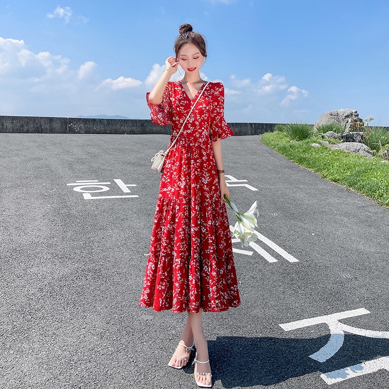Đầm Dài Dáng Chữ a In Hoa Phong Cách Hàn Quốc Thời Trang Mùa Hè Xinh Xắn Cho Nữ