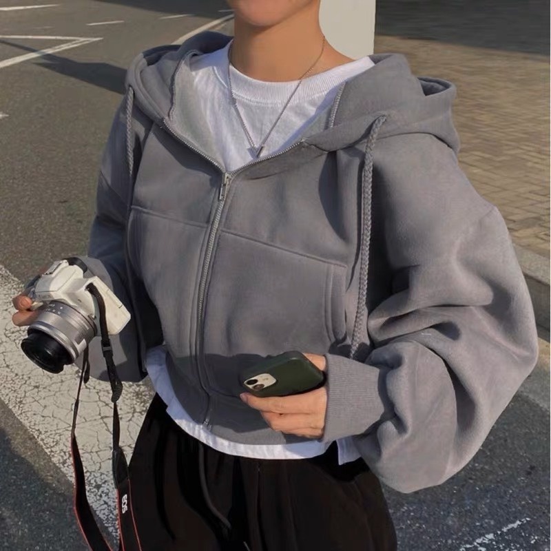 Áo khoác croptop nỉ nữ form hoodie zip lót nỉ lông thiết kế dây đai đuôi áo MA091 Pinkee