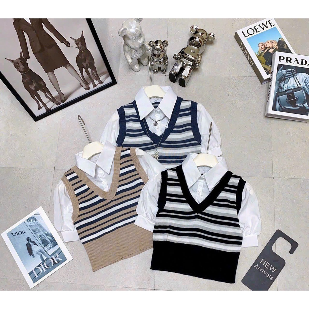 Áo len sọc pha sơ mi lên phom hách tuổi phong cách HQ hàng QC