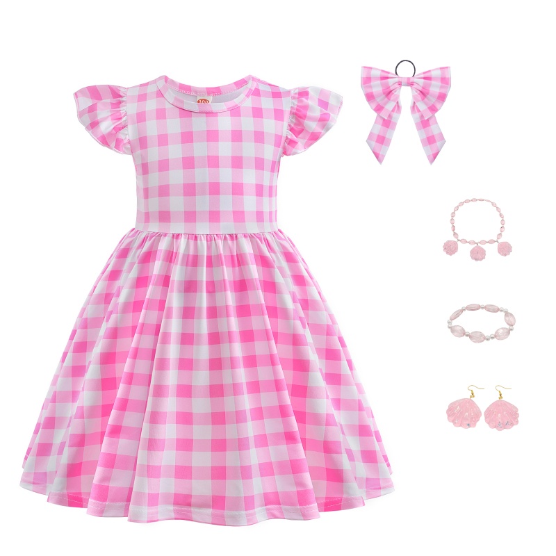 Đầm công chúa dự tiệc màu hồng Barbie cosplay Halloween làm quà tặng sinh nhật mùa hè 2023 cho bé gái 3-10 tuổi