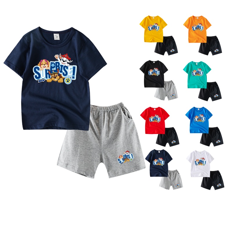 Ready stock 8 colors kids paw patrol cartoon cotton áo phông và quần ngắn tay ka011