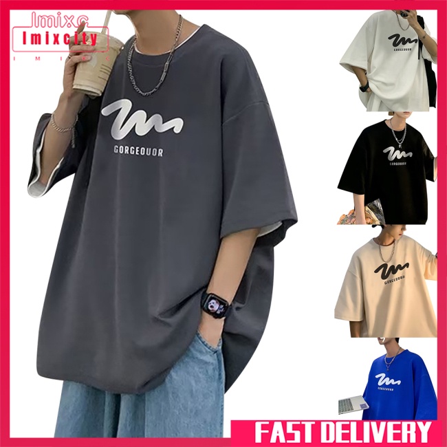 Imixcity đàn ông mùa hè tay ngắn t-shirt quá khổ cổ tròn xu hướng giản dị in hoa văn áo sơ mi cơ bản