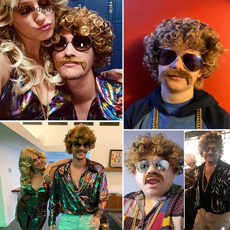 Thewoodgay 1 bộ nam giới màu đen ngắn xoăn tổng hợp cosplay tóc giả vàng nâu những năm 70 80 disco mustache chuỗi vàng halloween trang phục bên tóc giả en