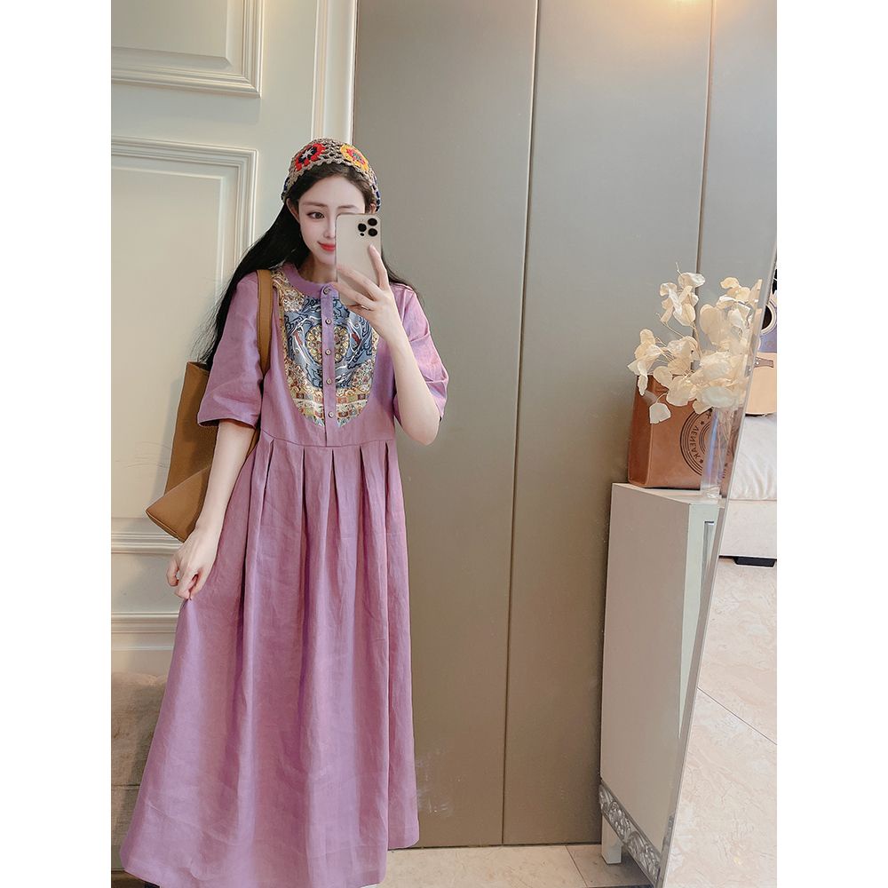 Ice cotton linen pick-up leak counter return tail order in stitching cotton linen short-sleeved dress women loose casual slimmer