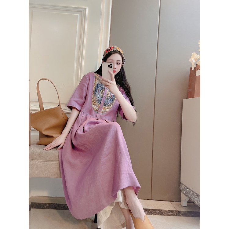 Ice cotton linen pick-up leak counter return tail order in stitching cotton linen short-sleeved dress women loose casual slimmer